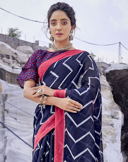 Navy Blue Tassel Printed Cotton Saree | Sudathi