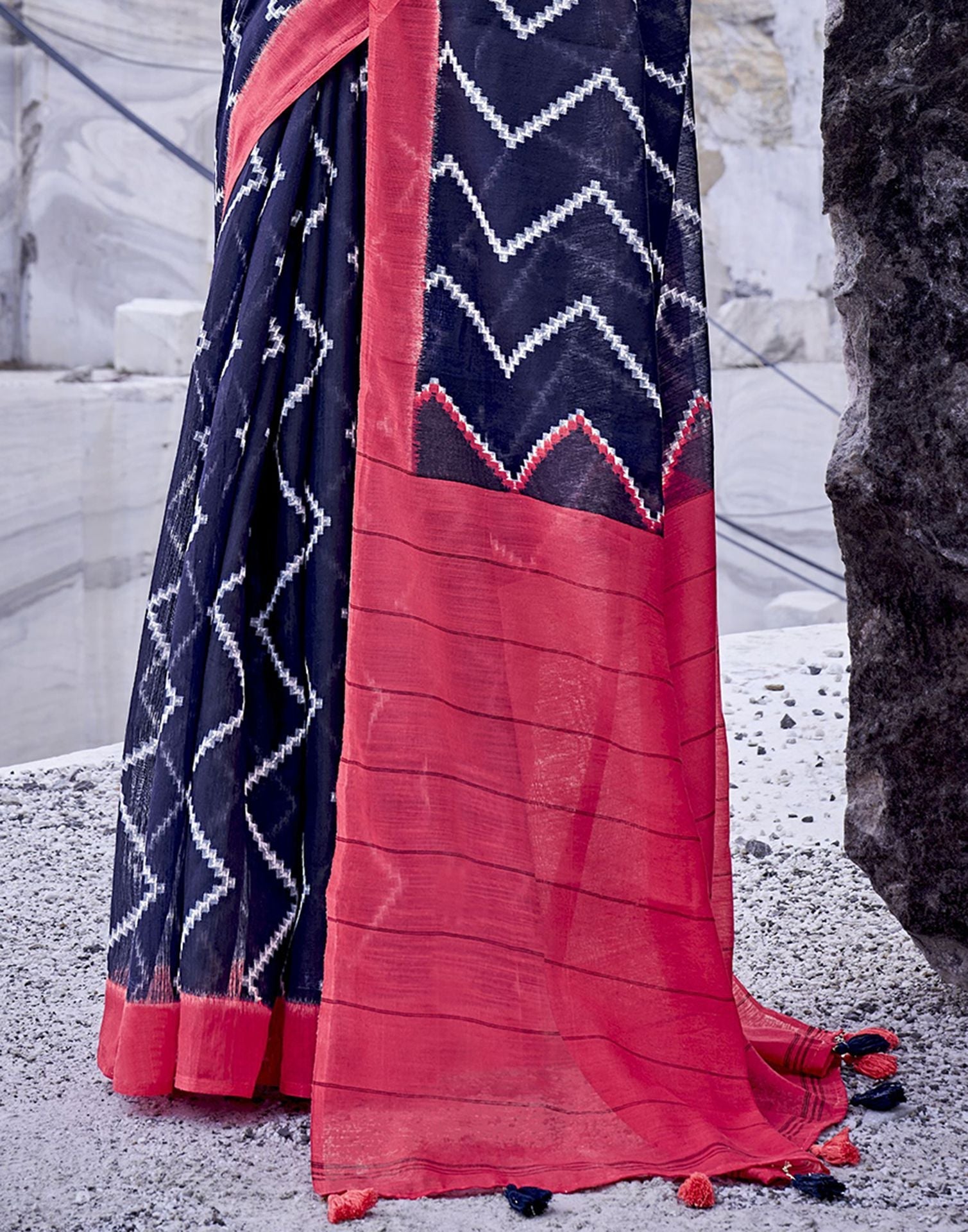 Navy Blue Tassel Printed Cotton Saree | Sudathi