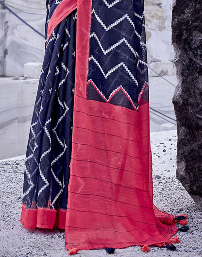 Navy Blue Tassel Printed Cotton Saree | Sudathi