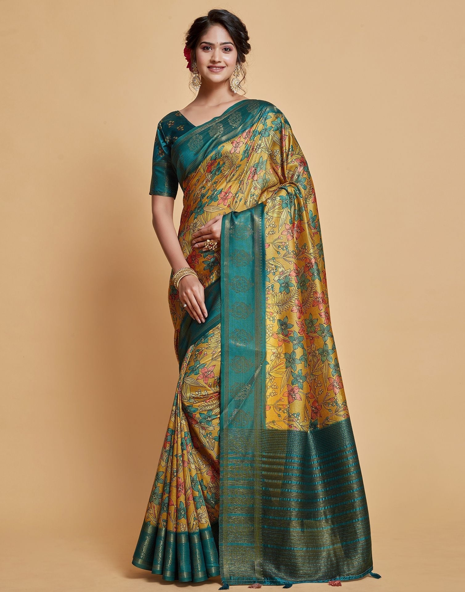 Yellow Floral Printed Viscose Silk Saree | Leemboodi