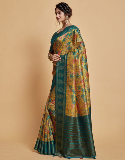 Yellow Floral Printed Viscose Silk Saree | Leemboodi