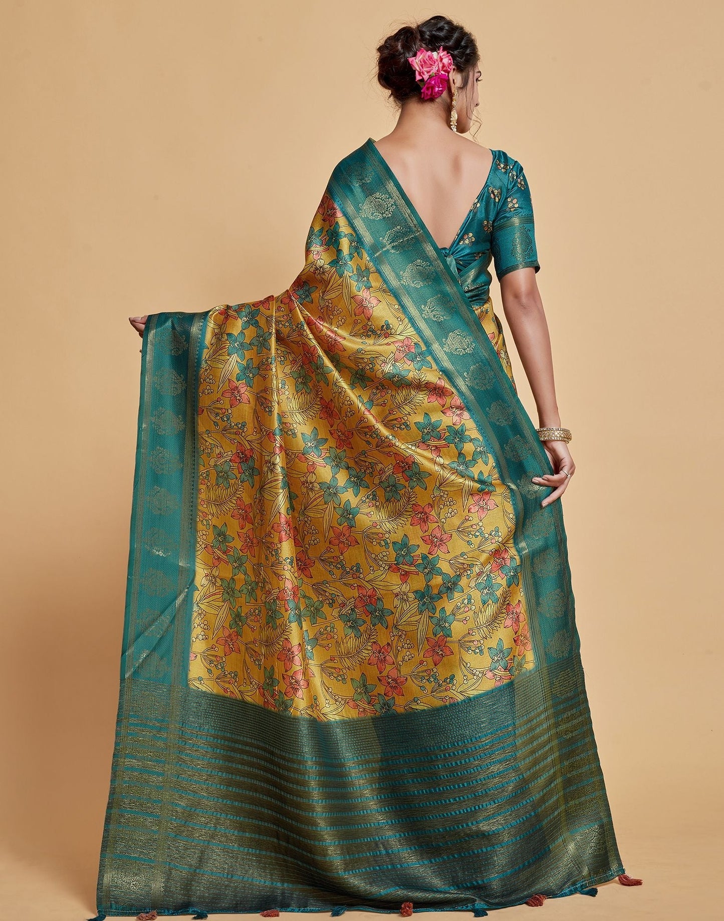 Yellow Floral Printed Viscose Silk Saree | Leemboodi