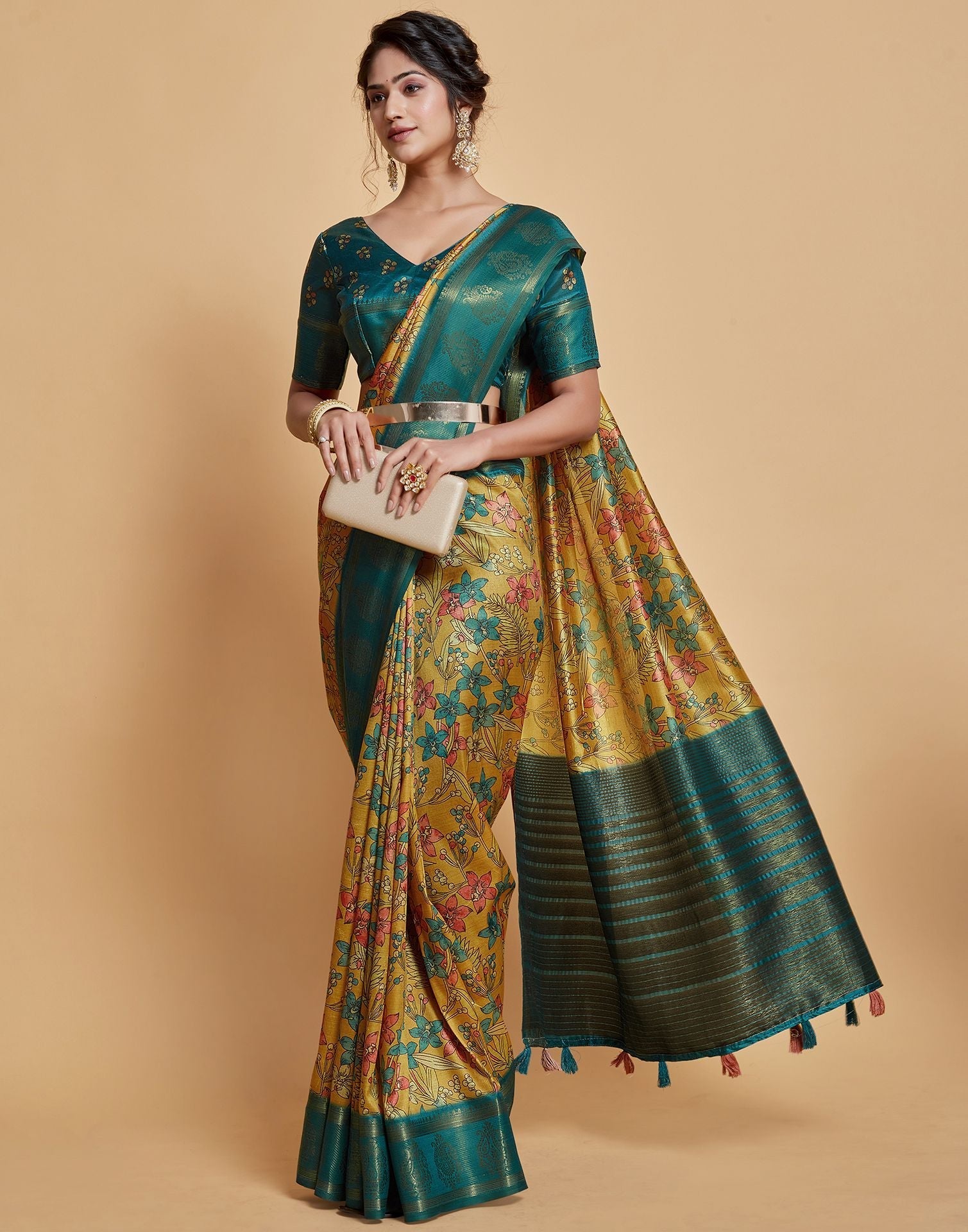 Yellow Floral Printed Viscose Silk Saree | Leemboodi