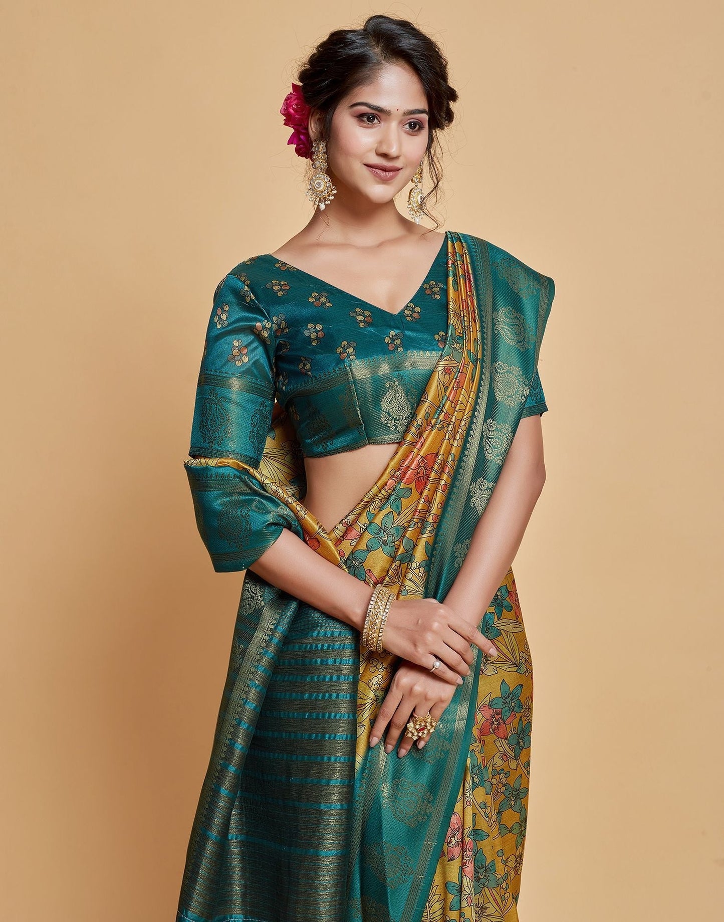 Yellow Floral Printed Viscose Silk Saree | Leemboodi