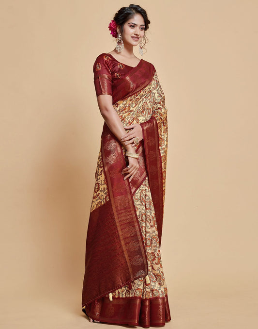 Beige Floral Printed Viscose Silk Saree | Leemboodi