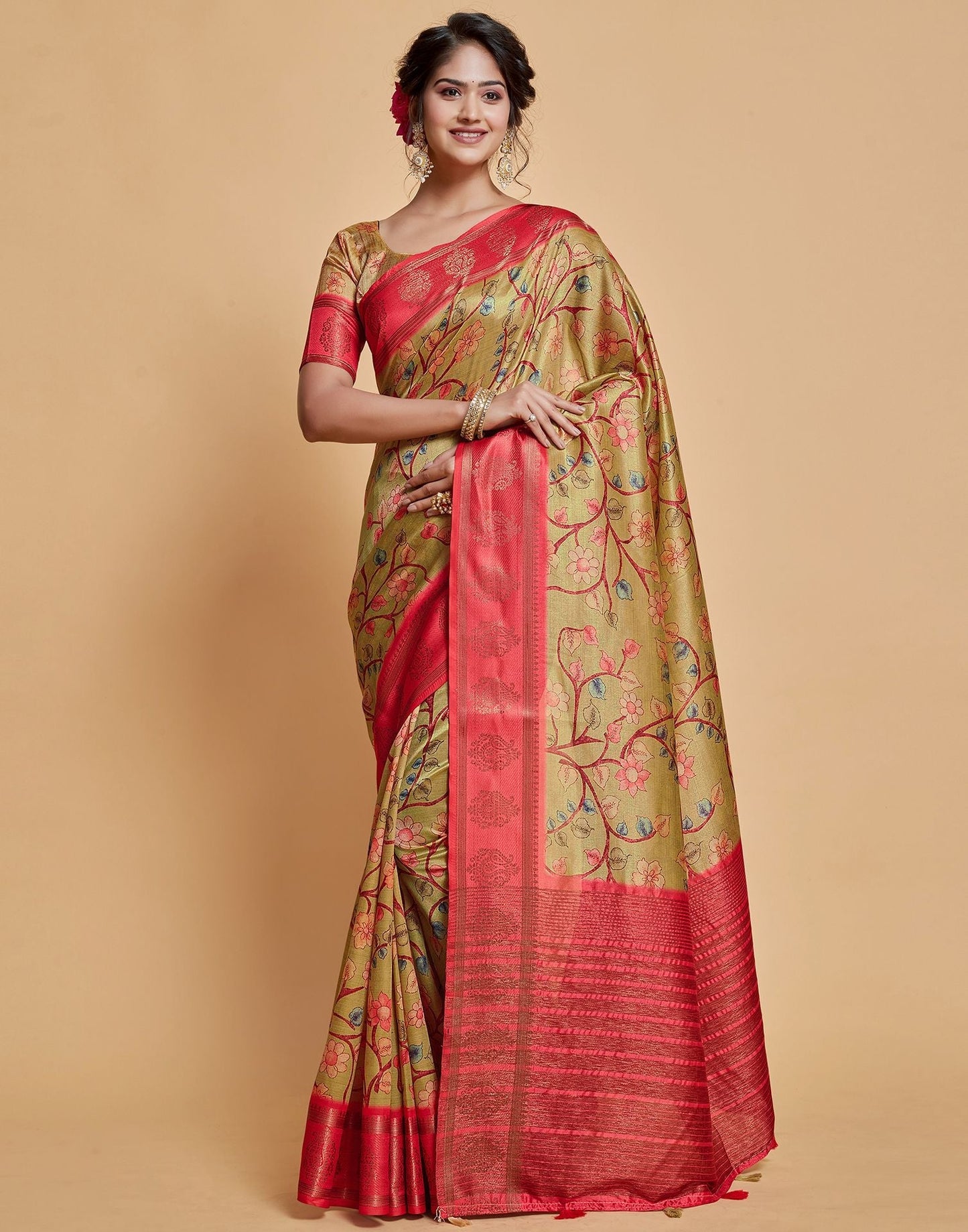 Parrot Green Floral Printed Viscose Silk Saree | Leemboodi