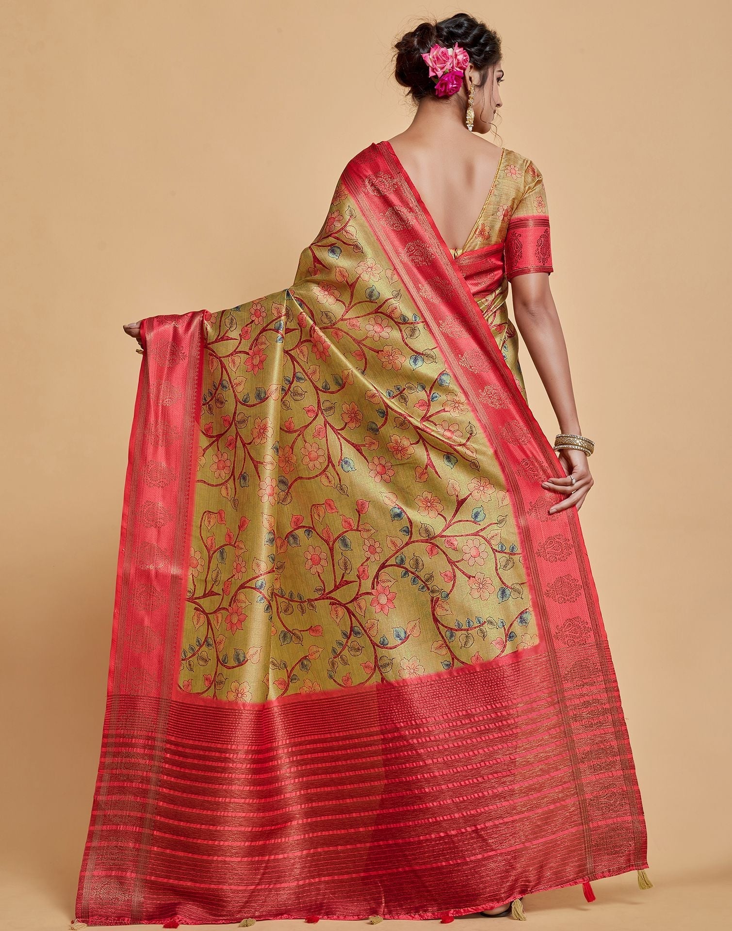 Parrot Green Floral Printed Viscose Silk Saree | Leemboodi