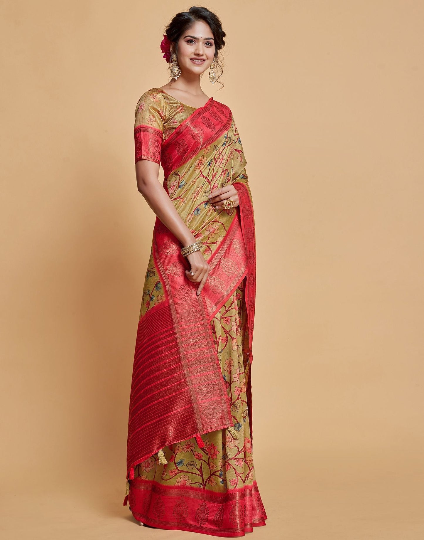 Parrot Green Floral Printed Viscose Silk Saree | Leemboodi