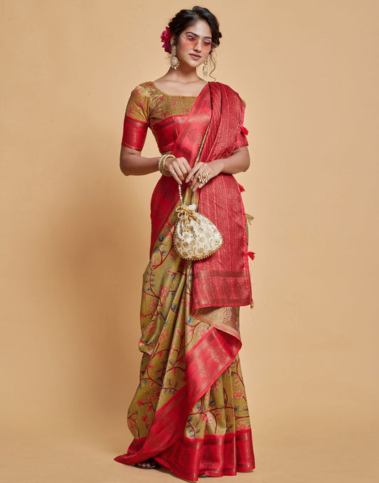 Parrot Green Floral Printed Viscose Silk Saree | Leemboodi