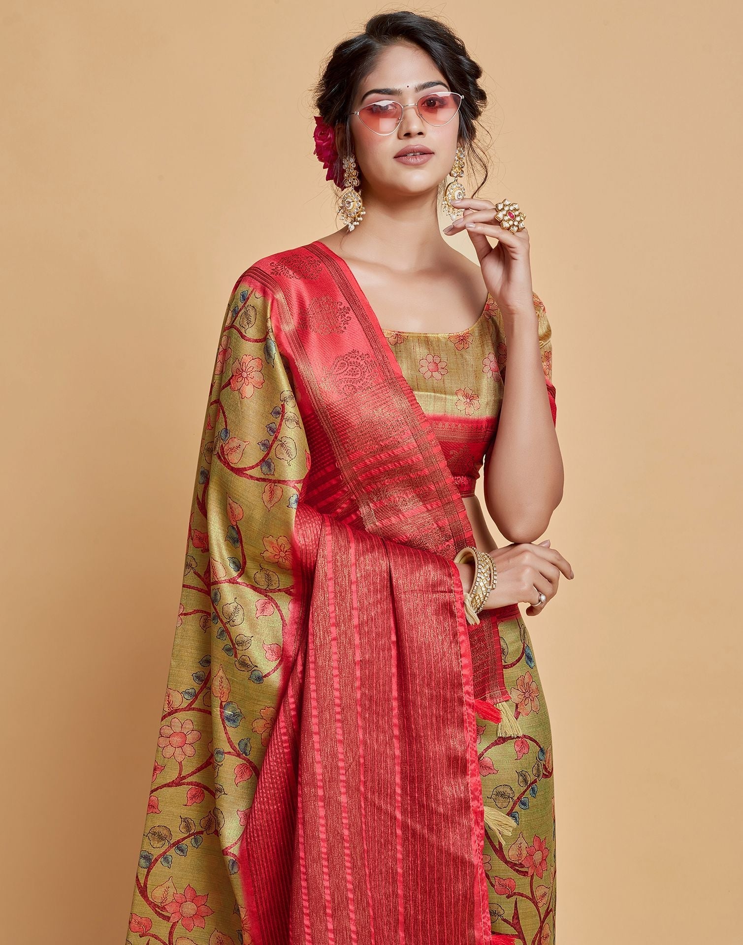 Parrot Green Floral Printed Viscose Silk Saree | Leemboodi