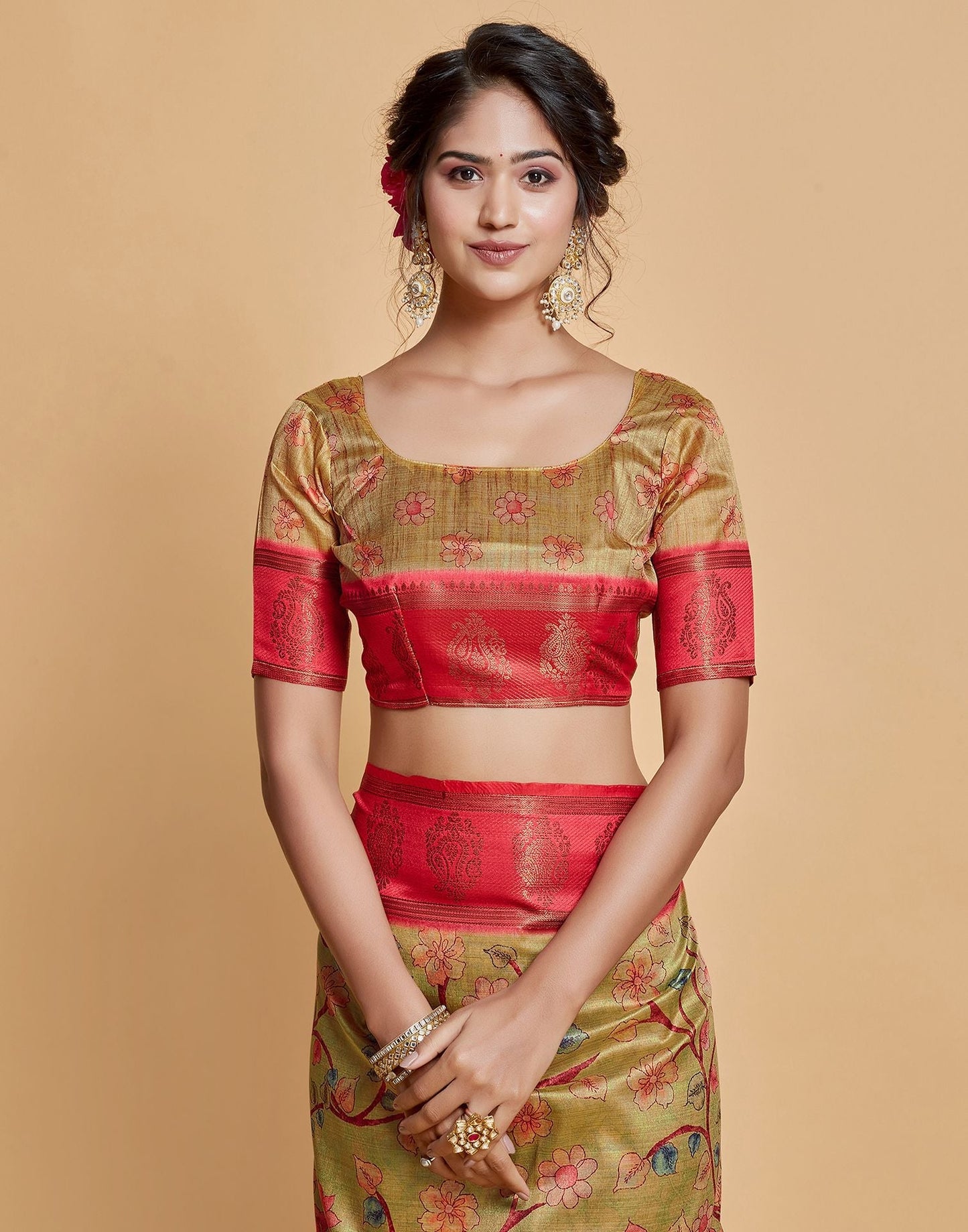 Parrot Green Floral Printed Viscose Silk Saree | Leemboodi