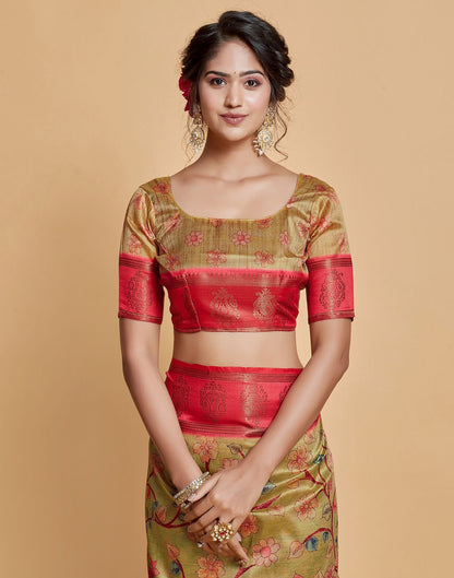 Parrot Green Floral Printed Viscose Silk Saree | Leemboodi