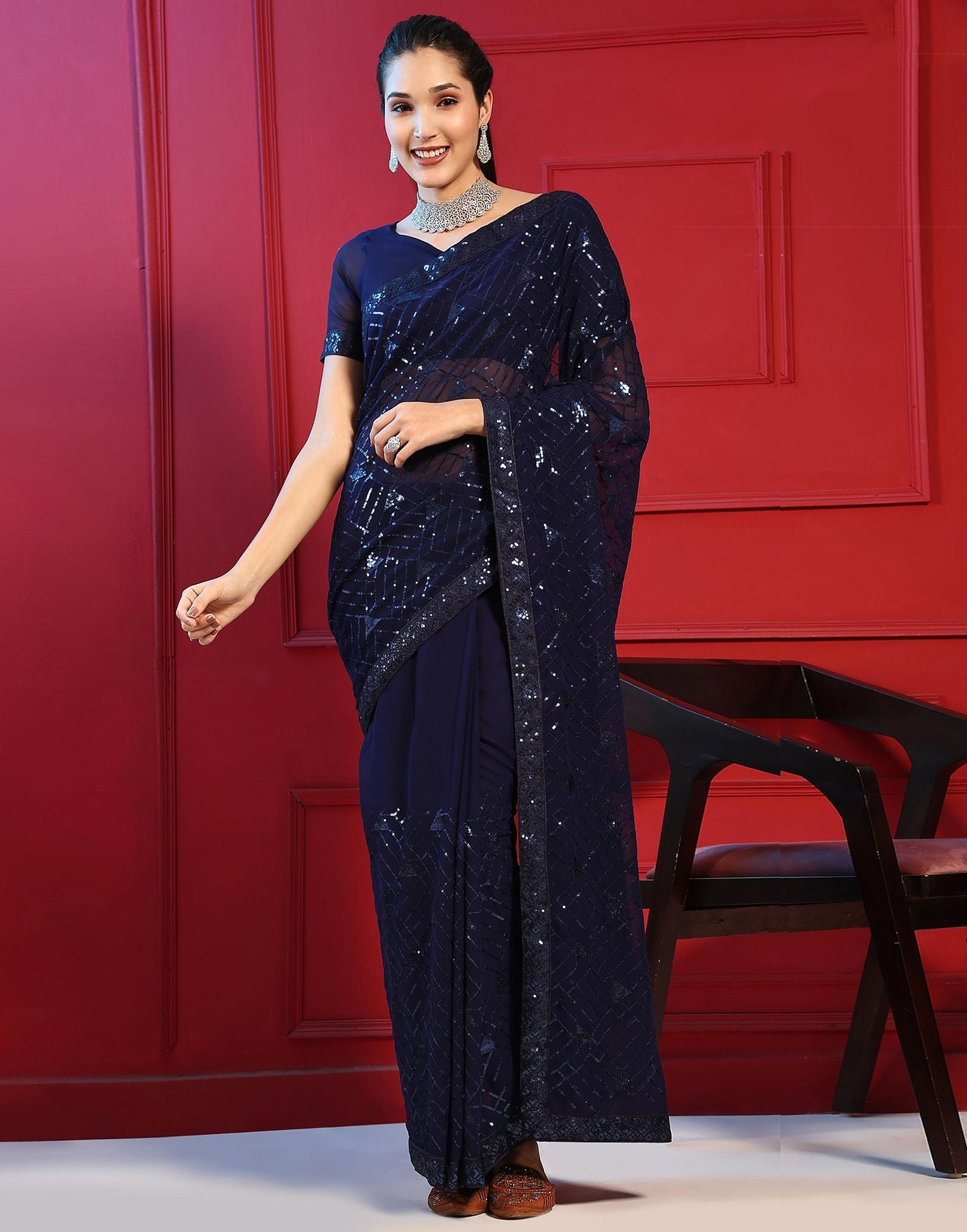 Blue Sequence Embroidery Sequence Georgette Saree | Leemboodi