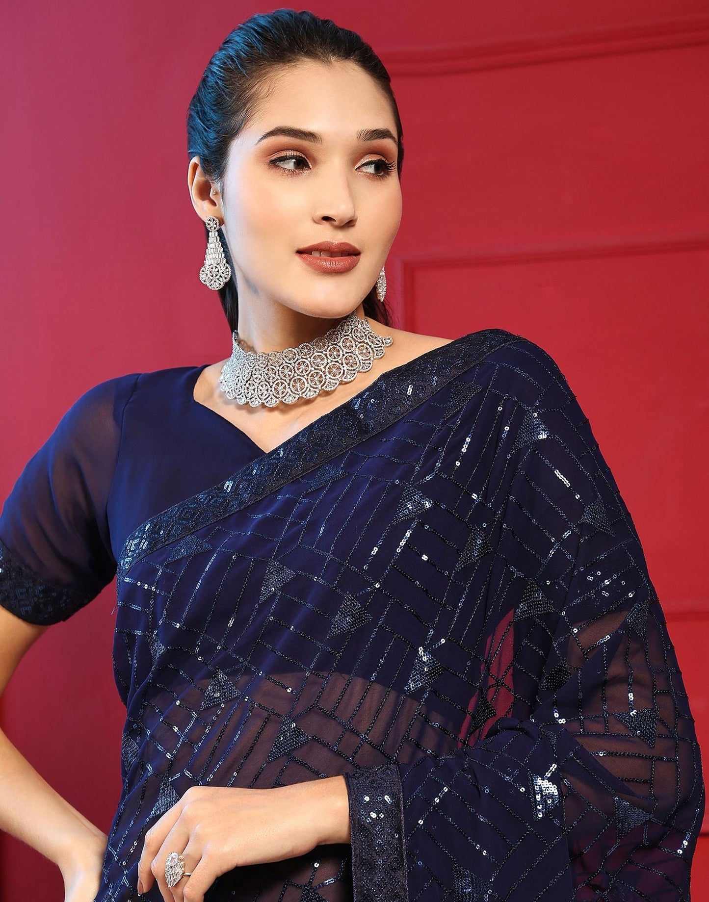 Blue Sequence Embroidery Sequence Georgette Saree | Leemboodi