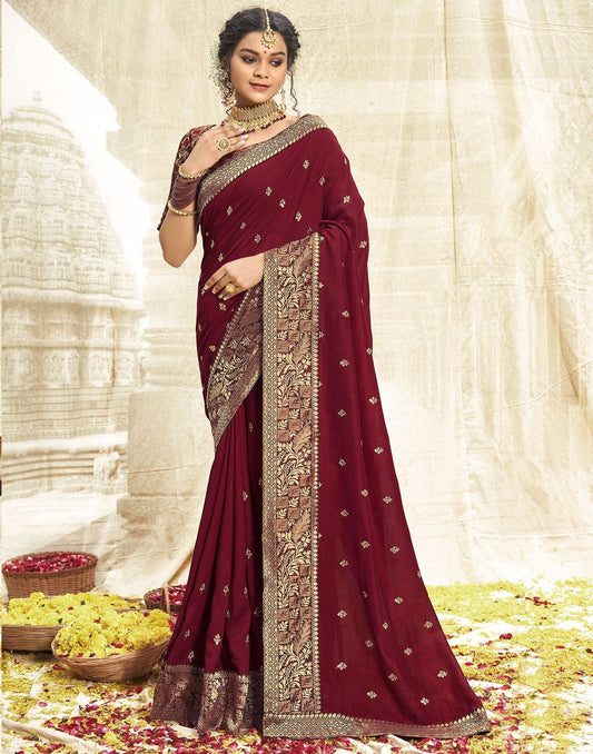 Maroon Embroidery Banarasi Silk Saree | Sudathi