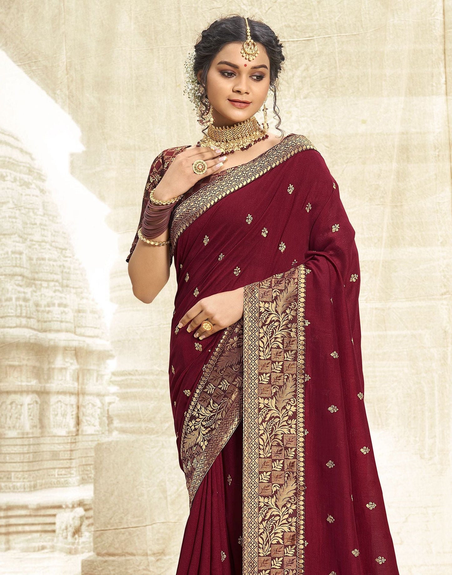 Maroon Embroidery Banarasi Silk Saree | Sudathi