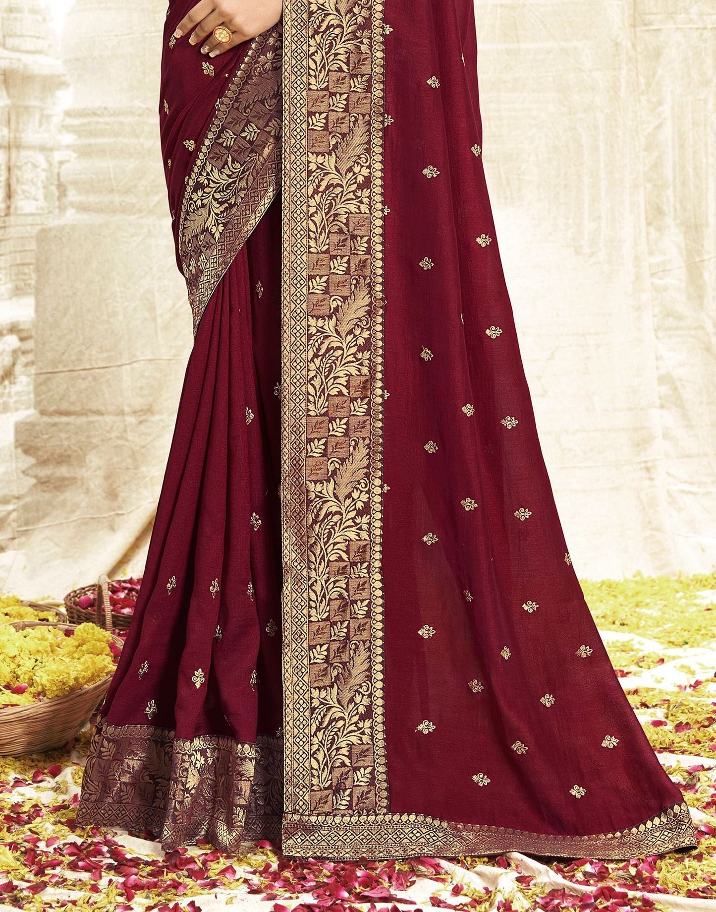 Maroon Embroidery Banarasi Silk Saree | Sudathi