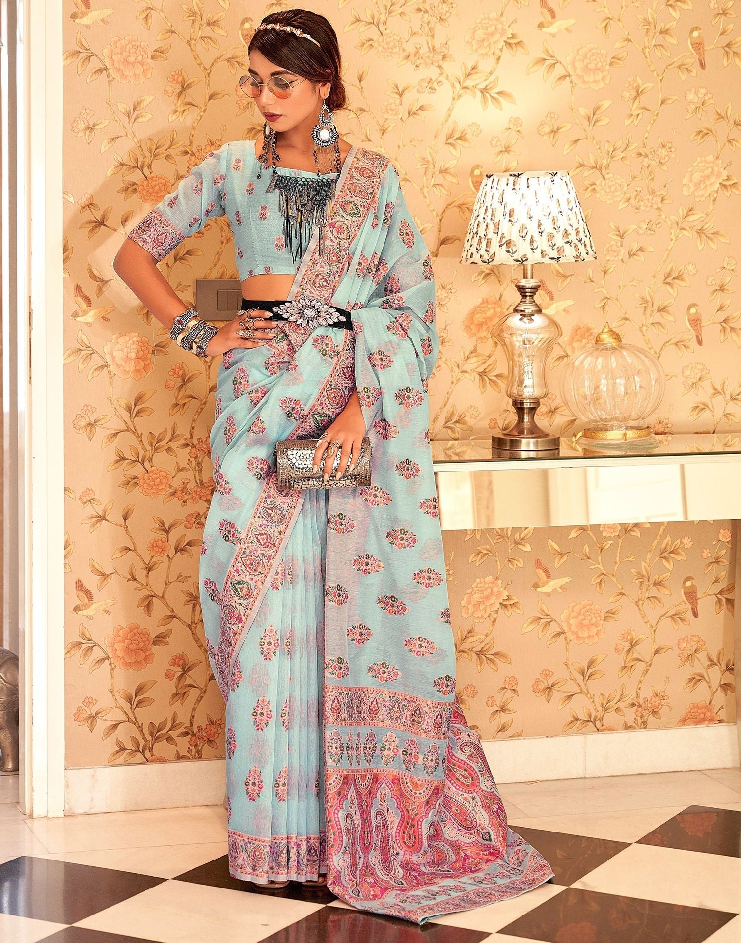 Sky Blue Cotton Weaving Banarasi Saree | Leemboodi