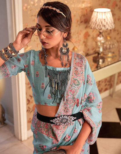 Sky Blue Cotton Weaving Banarasi Saree | Leemboodi