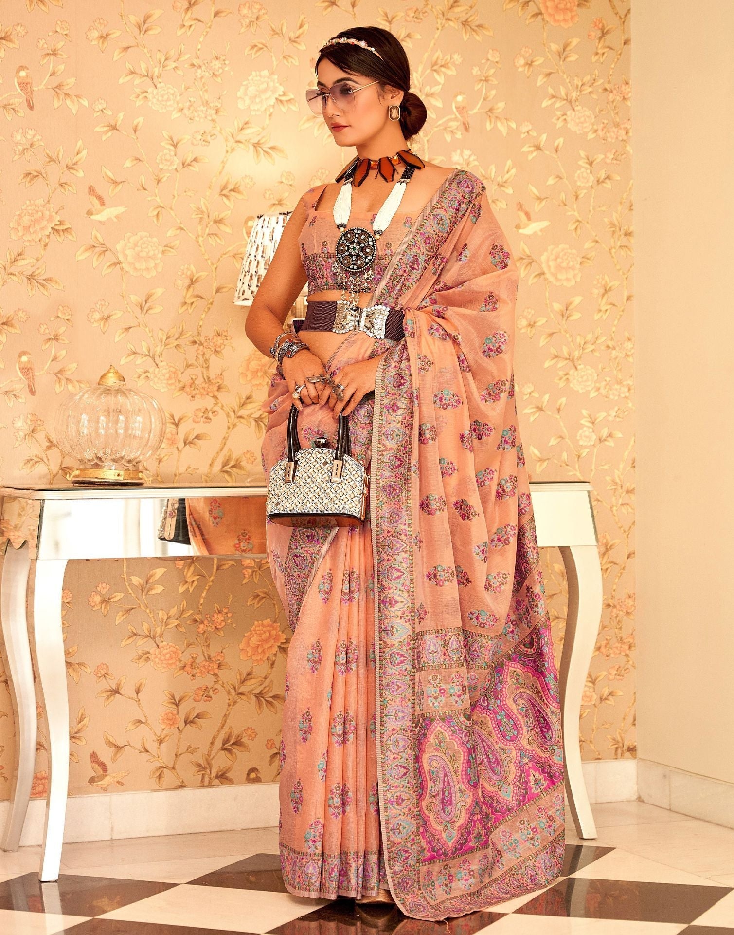 Light Orange Cotton Weaving Banarasi Saree | Leemboodi