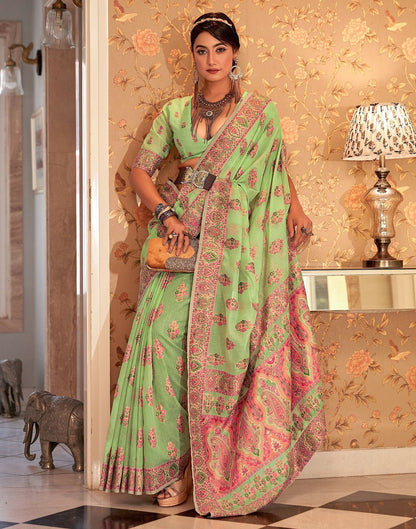 Parrot Green Cotton Weaving Banarasi Saree | Leemboodi