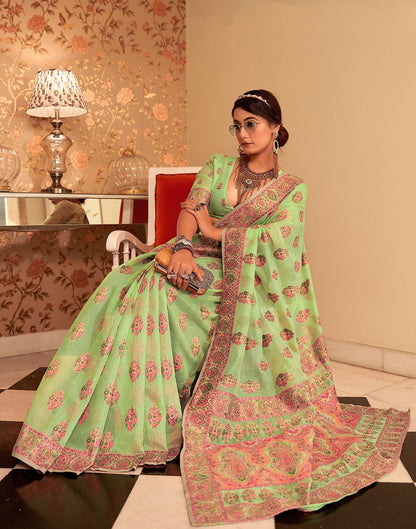 Parrot Green Cotton Weaving Banarasi Saree | Leemboodi