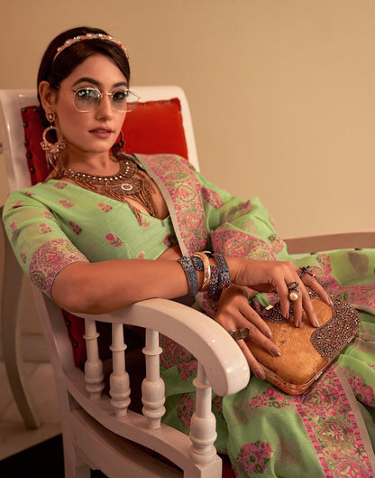 Parrot Green Cotton Weaving Banarasi Saree | Leemboodi