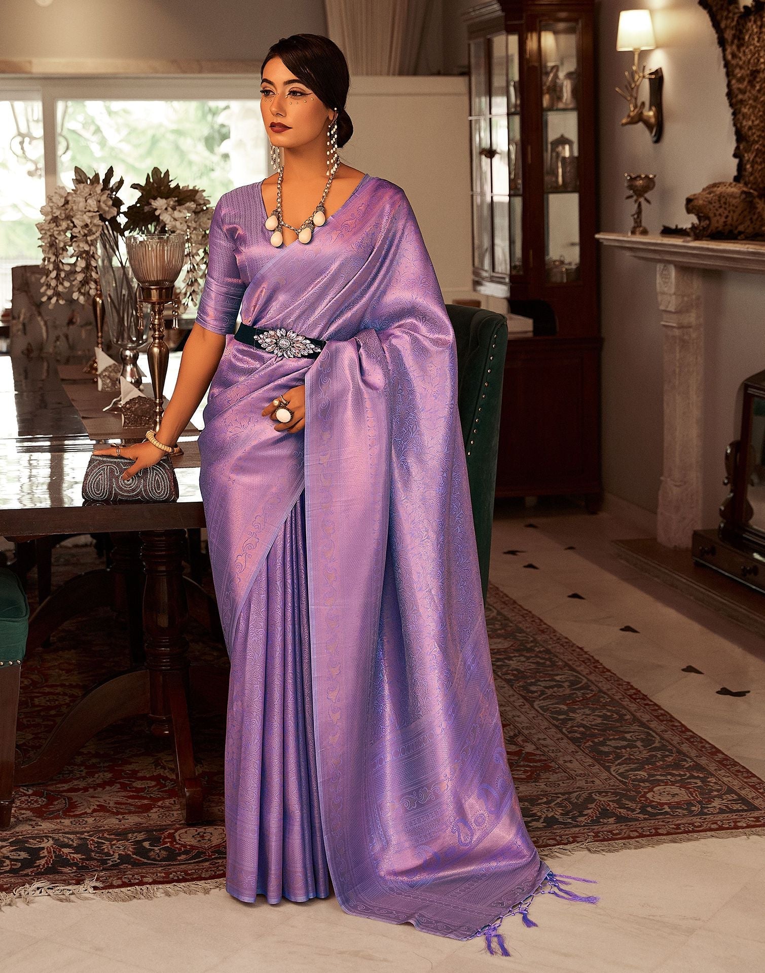 Light Purple Jacquard Kanjivaram Silk Saree | Leemboodi
