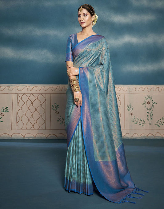 Sku Blue Silk Weaving Kanjivaram Saree With Tassel | Leemboodi