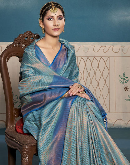 Sku Blue Silk Weaving Kanjivaram Saree With Tassel | Leemboodi