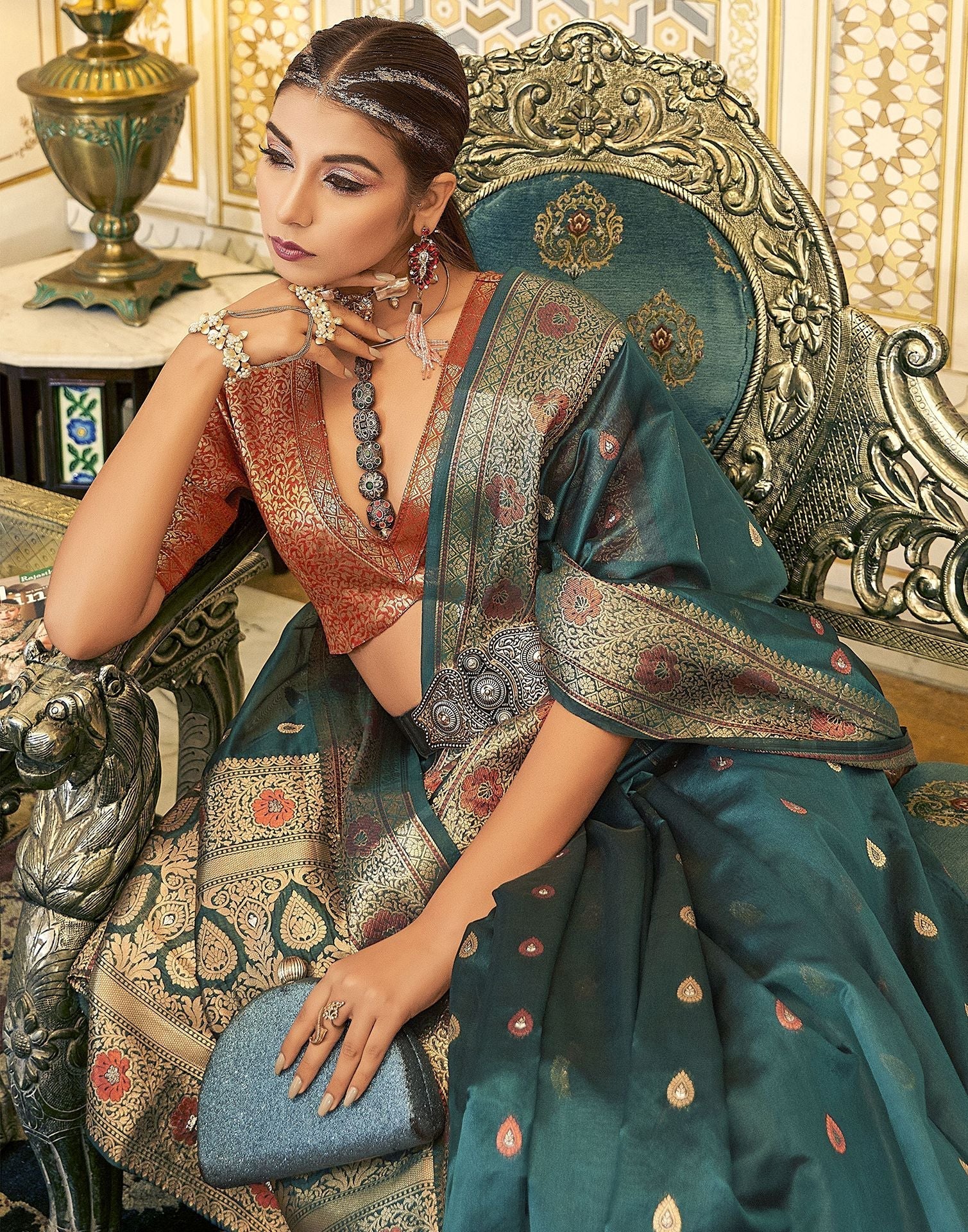 Teal Blue Organza Banarasi Saree | Leemboodi