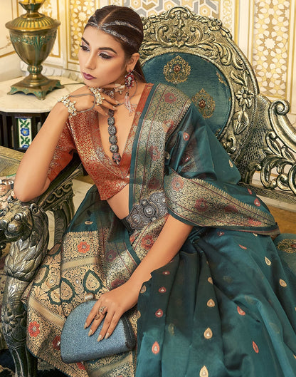 Teal Blue Organza Banarasi Saree | Leemboodi