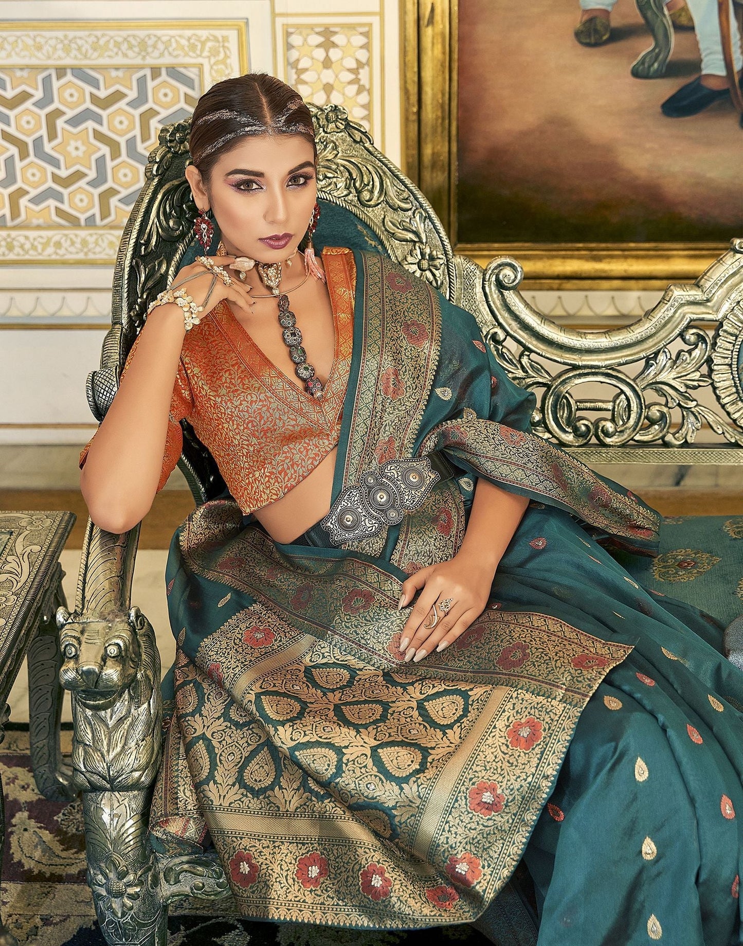 Teal Blue Organza Banarasi Saree | Leemboodi