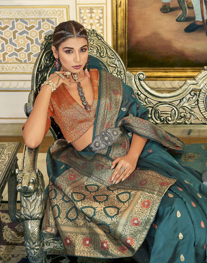 Teal Blue Organza Banarasi Saree | Leemboodi