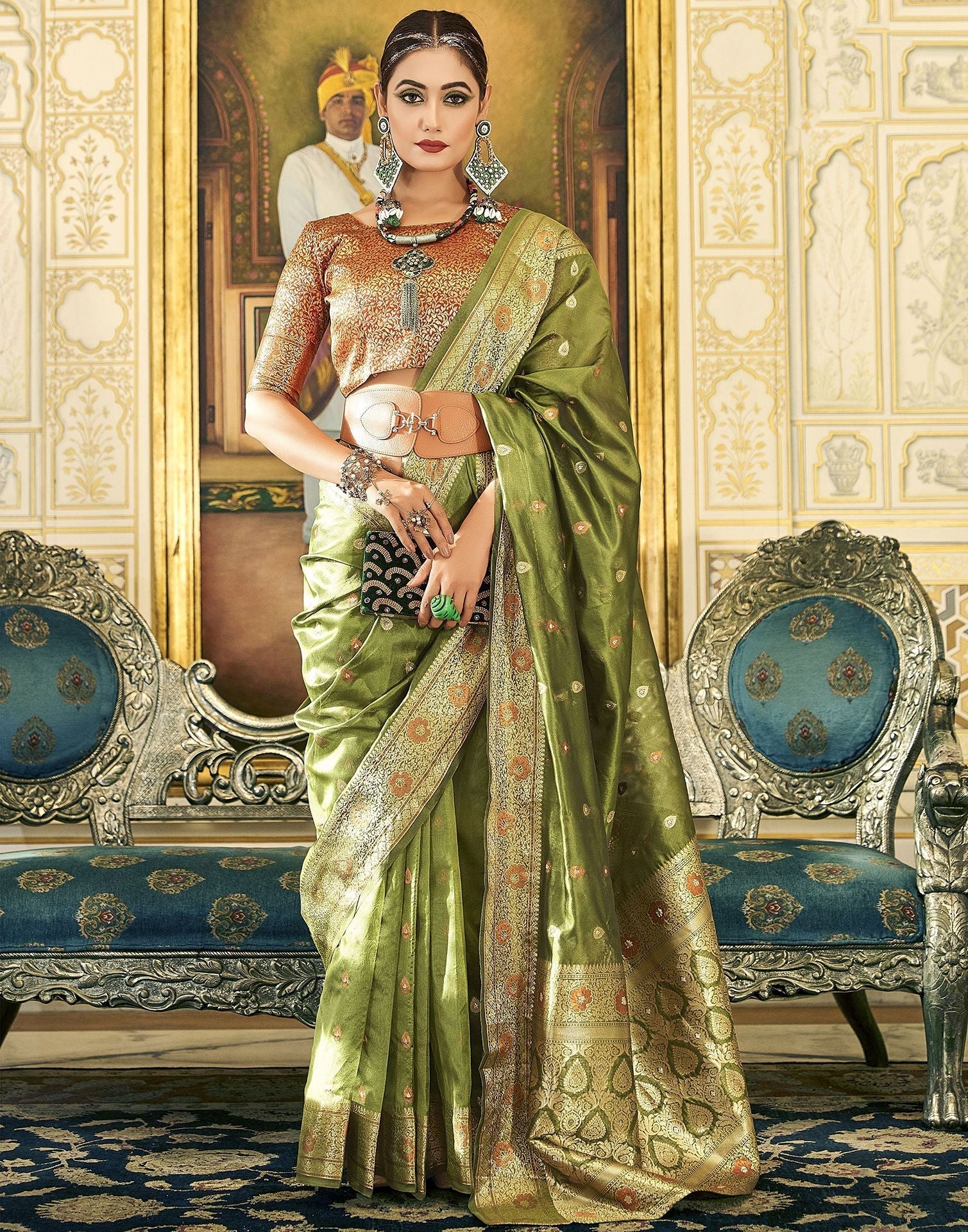 Olive Green Organza Banarasi Saree | Leemboodi