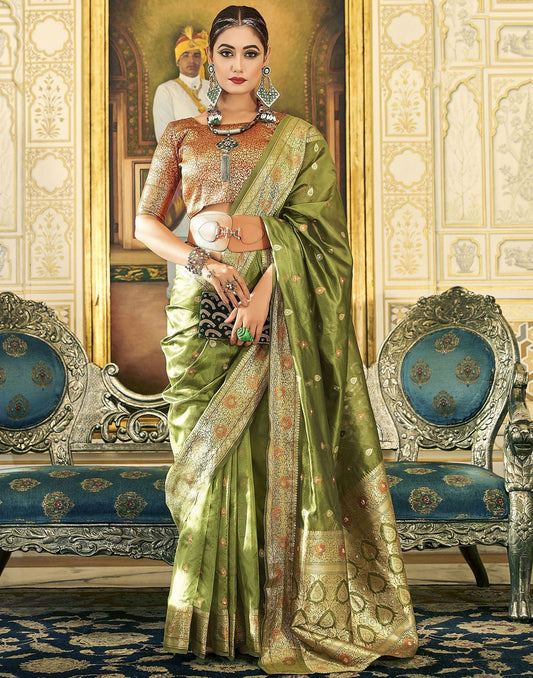 Olive Green Organza Banarasi Saree | Leemboodi