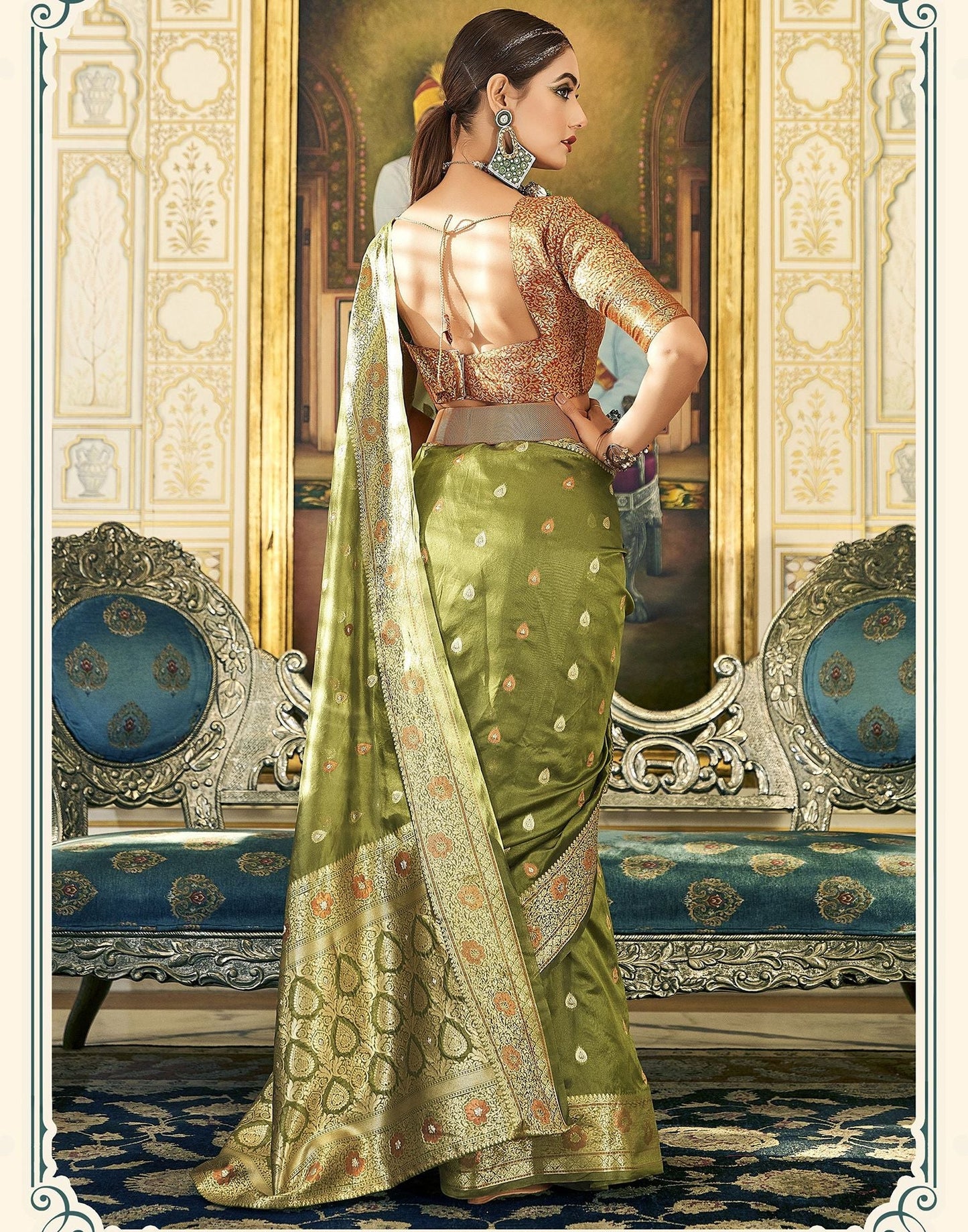 Olive Green Organza Banarasi Saree | Leemboodi