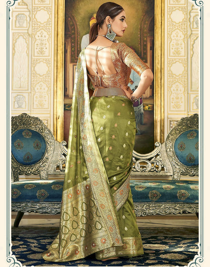 Olive Green Organza Banarasi Saree | Leemboodi