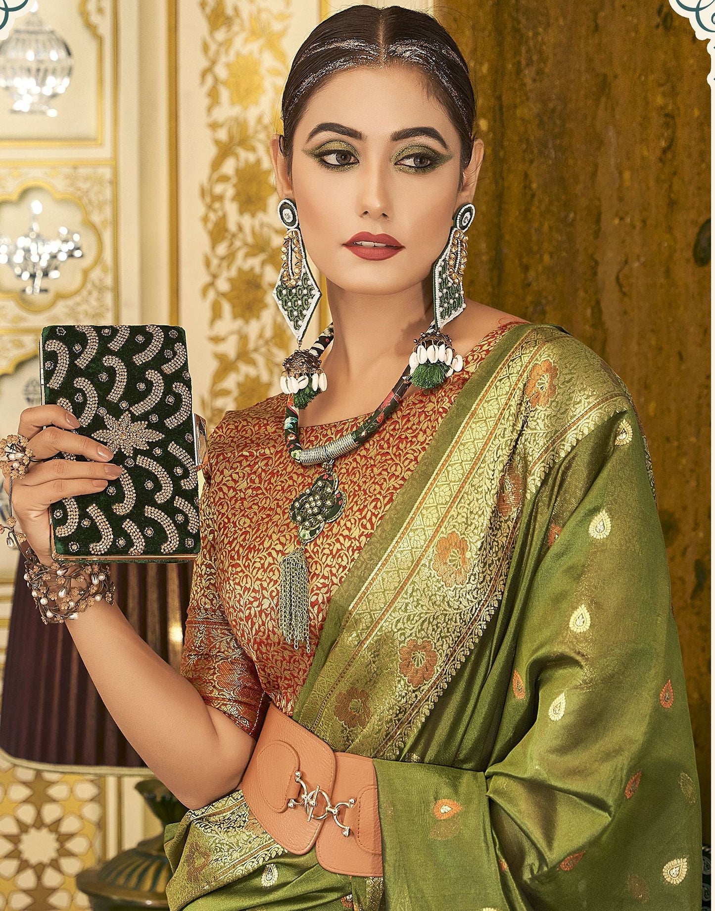 Olive Green Organza Banarasi Saree | Leemboodi