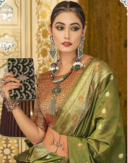 Olive Green Organza Banarasi Saree | Leemboodi