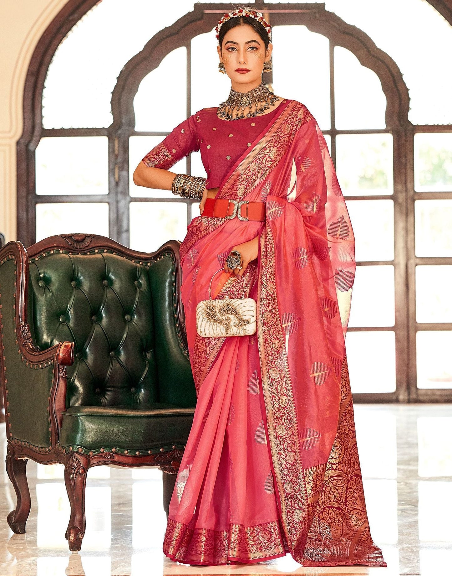 Pink Organza Self Woven Banarasi Saree | Leemboodi
