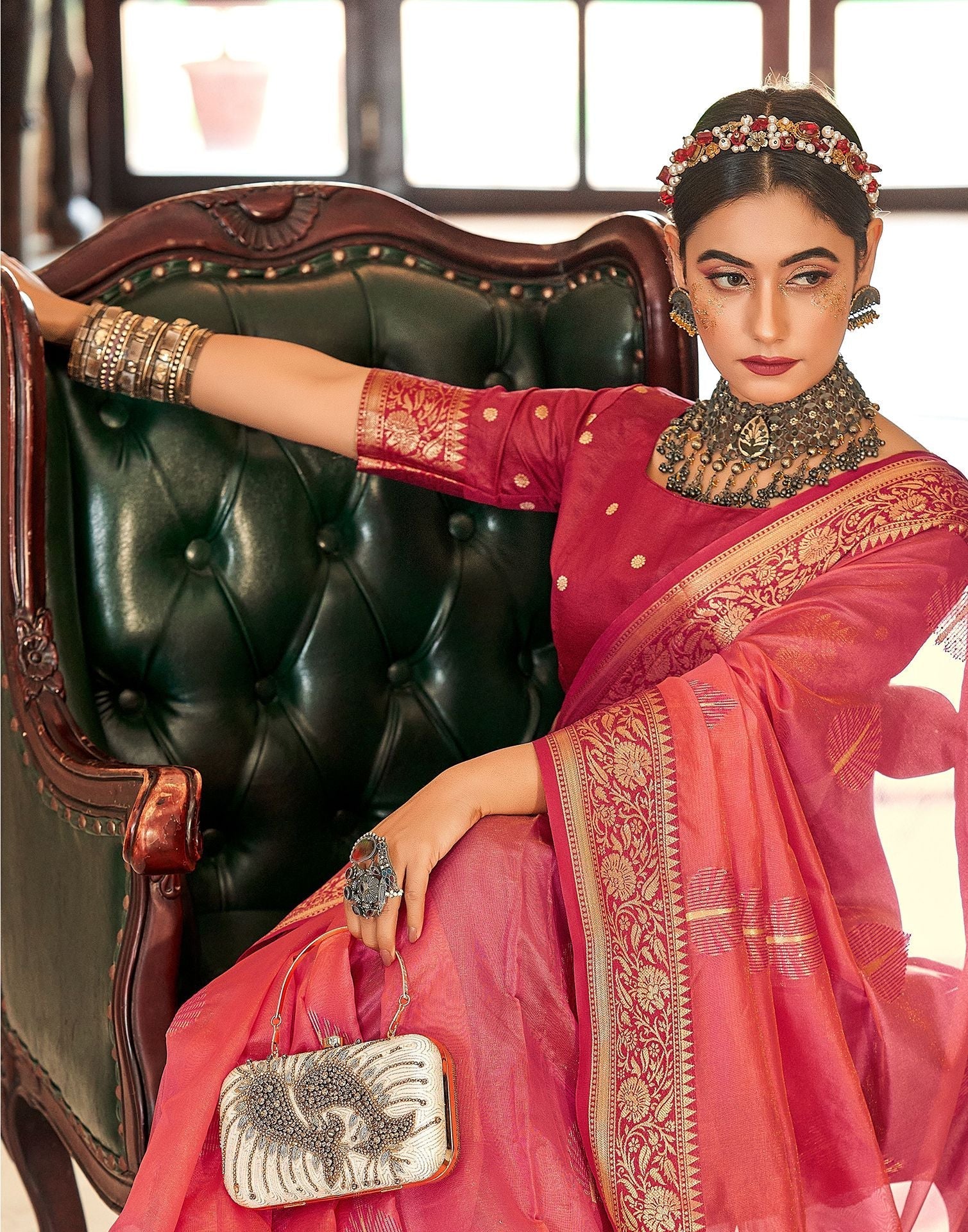 Pink Organza Self Woven Banarasi Saree | Leemboodi