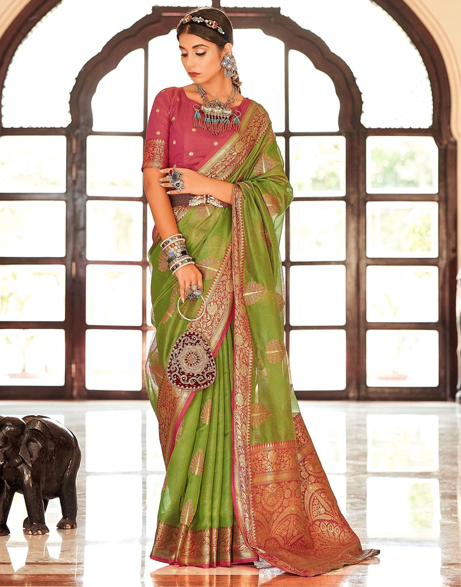 Green Organza Self Woven Banarasi Saree | Leemboodi