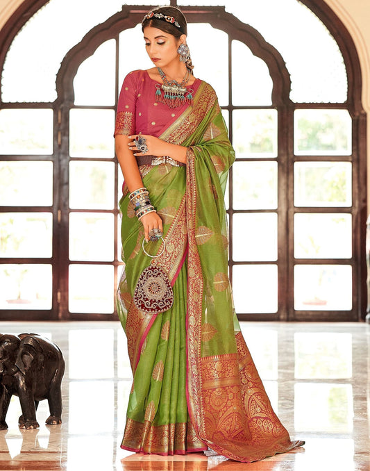 Green Organza Self Woven Banarasi Saree | Leemboodi