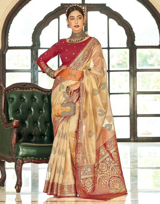 Beige Organza Self Woven Banarasi Saree | Leemboodi