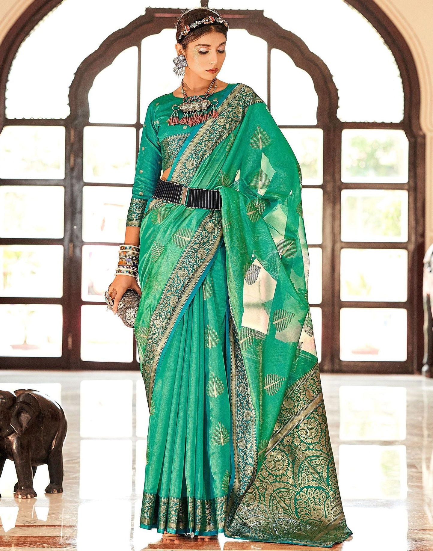 Green Organza Self Woven Banarasi Saree | Leemboodi
