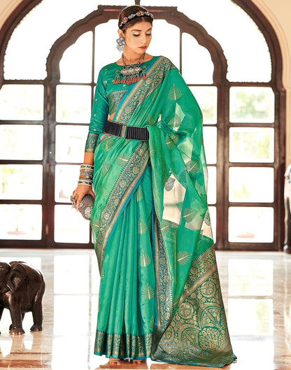 Green Organza Self Woven Banarasi Saree | Leemboodi