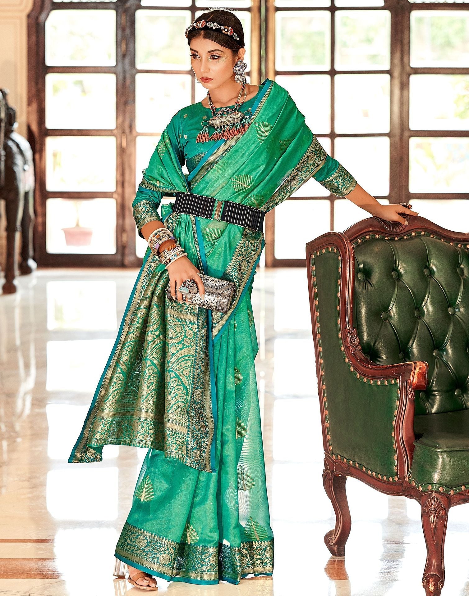 Green Organza Self Woven Banarasi Saree | Leemboodi