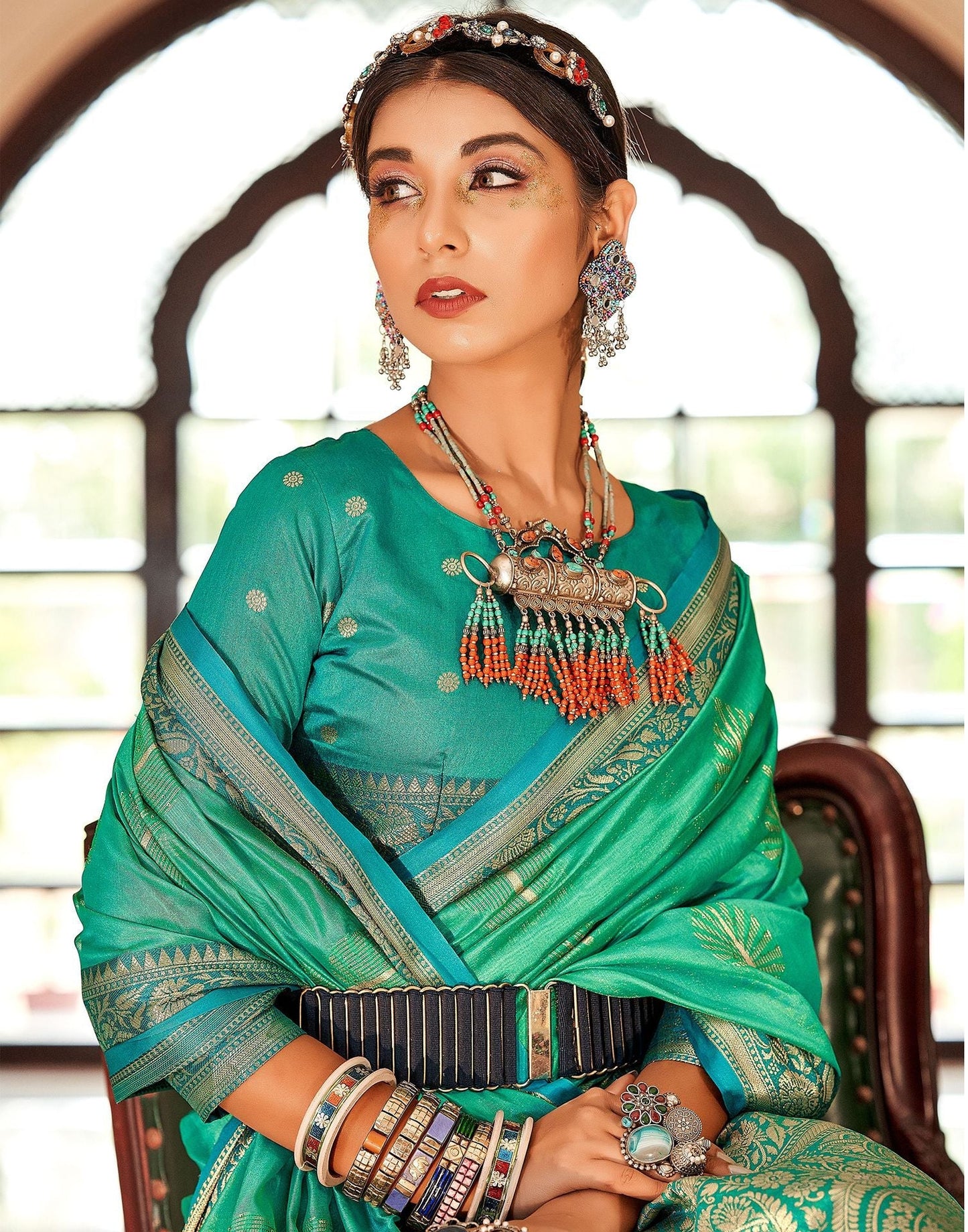 Green Organza Self Woven Banarasi Saree | Leemboodi