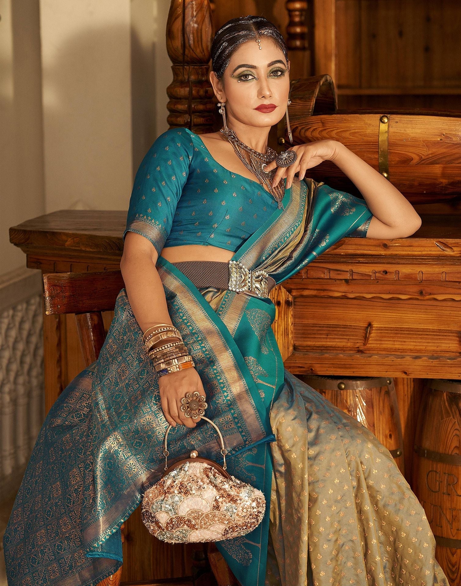 Rama Blue Silk Banarasi Saree | Leemboodi